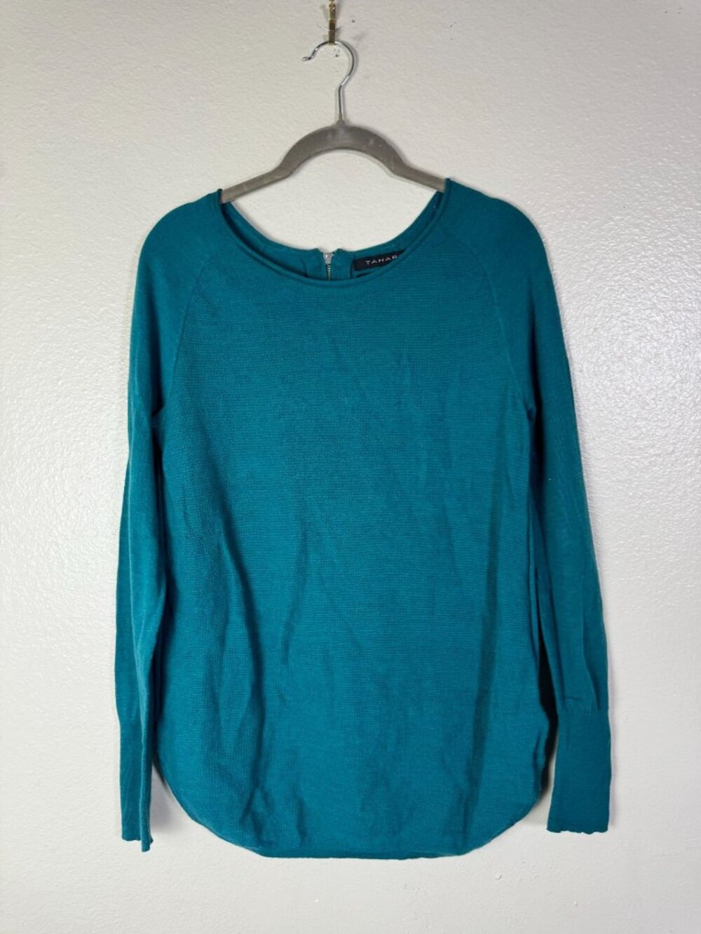 Tahari Womens Teal 100% Merino Wool Long Sleeve Tunic Sweater Medium Lightweight